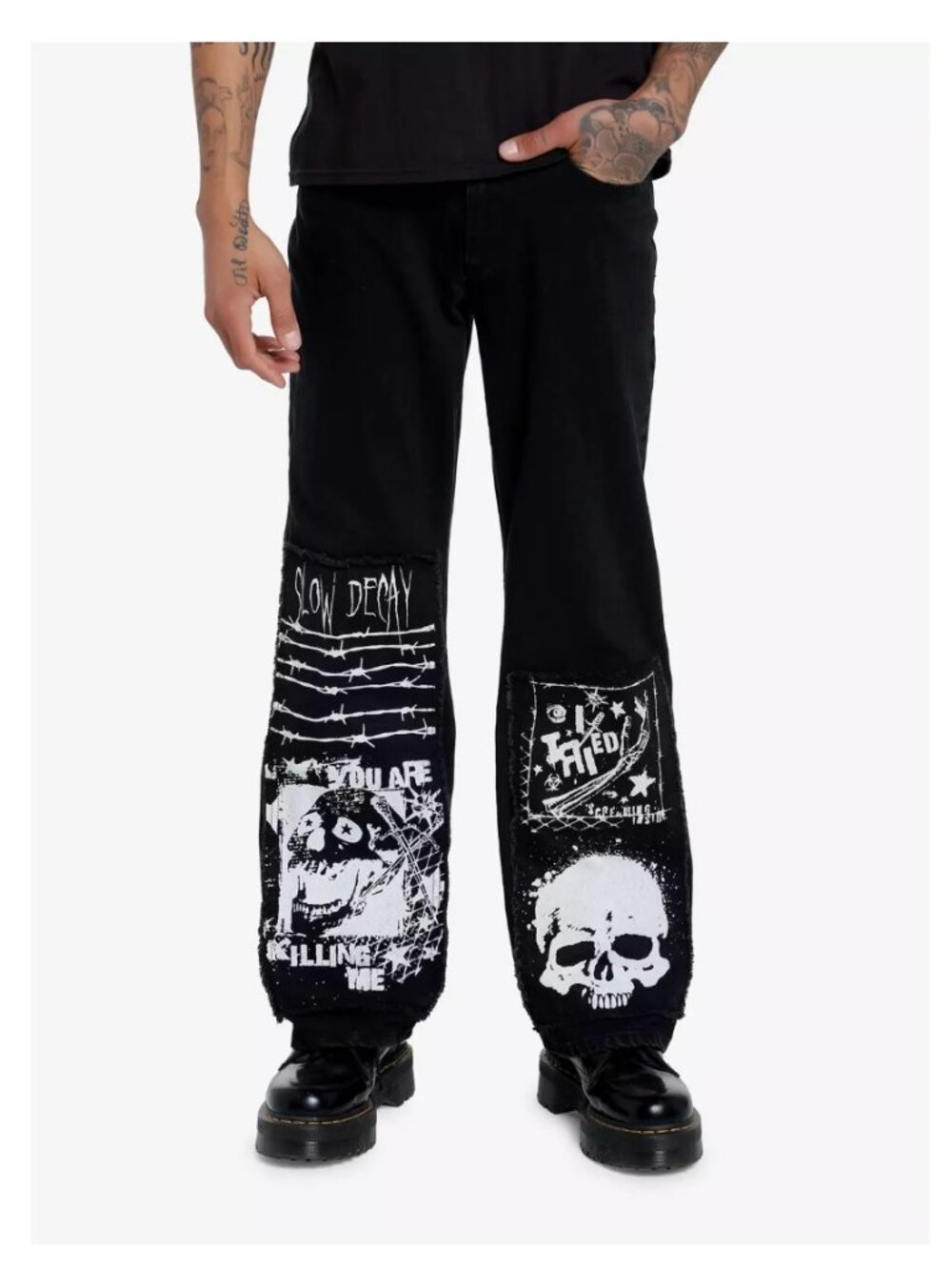 Hot Topic Mens Black Punk Patch Wide Leg Denim Pants 32x32